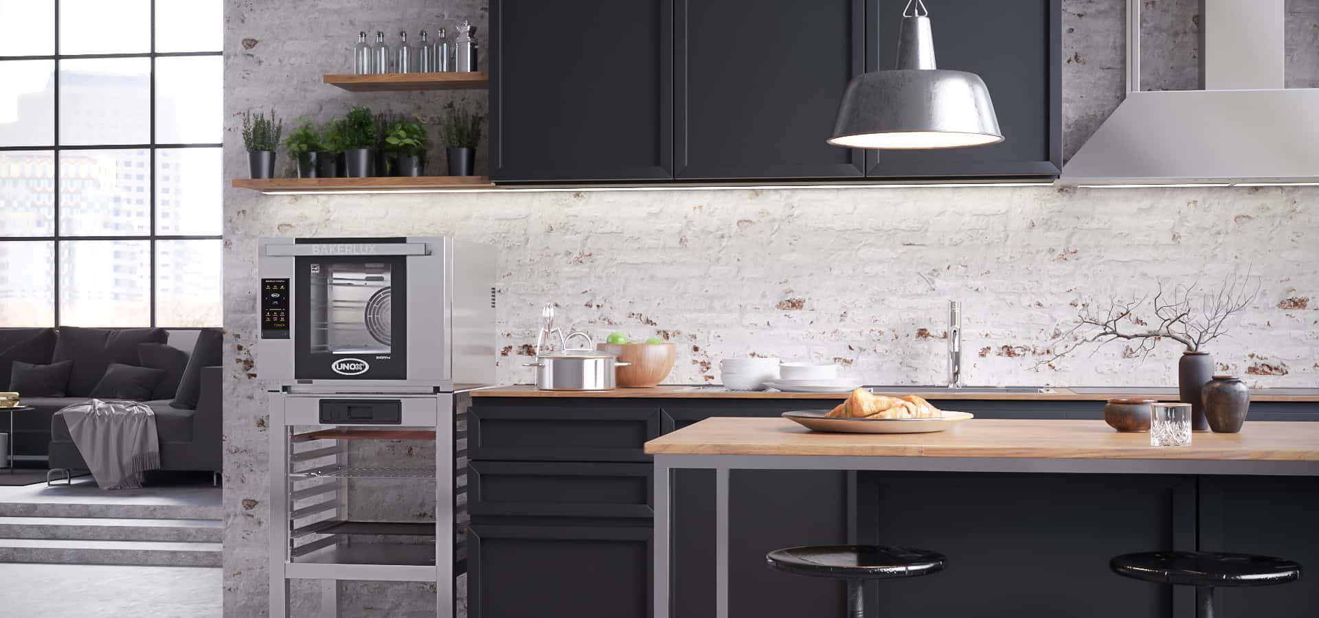 Modern home kitchen with white exposed brick wall, an Unox bakerlux oven sits on a stand next to the kitchen counter.