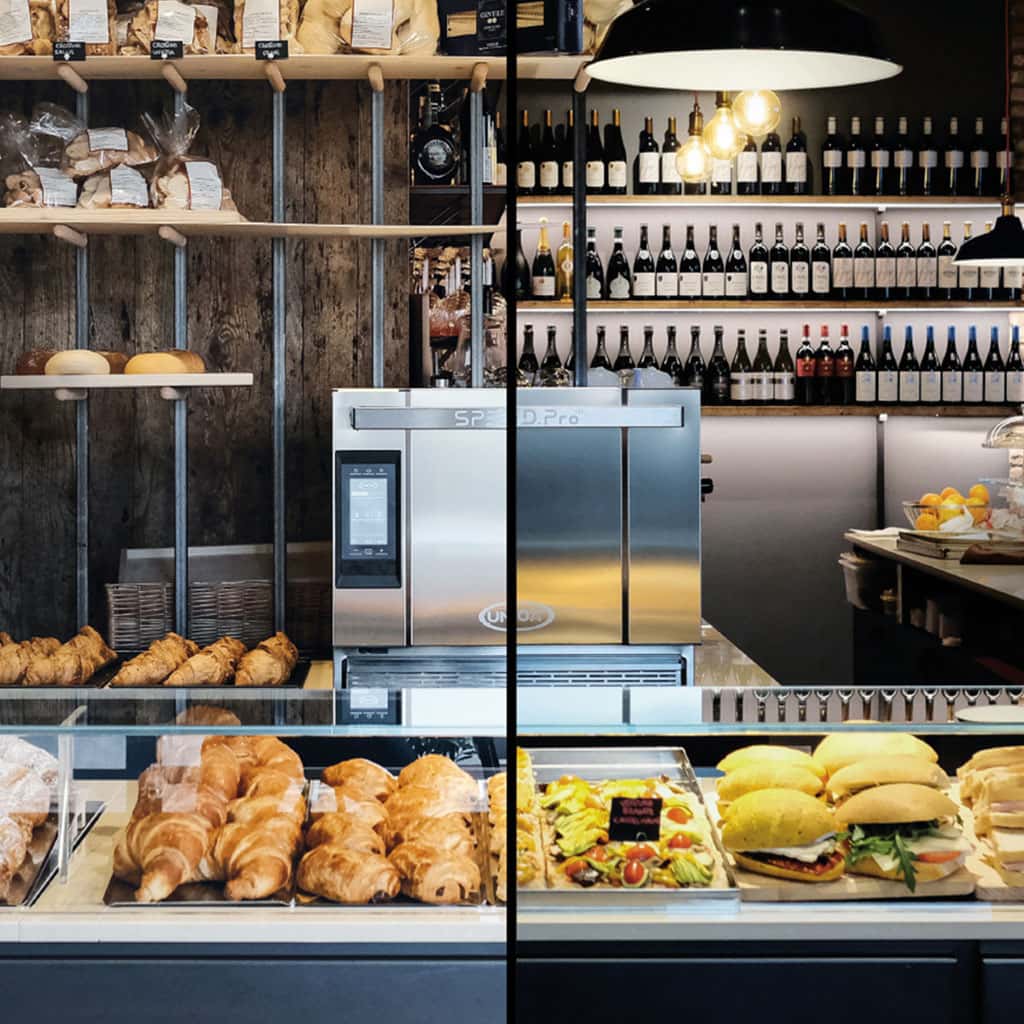 A deli with half the counter housing pastries and the other has sandwiches, Unox Speed.pro speed oven can be seen behind the counter.