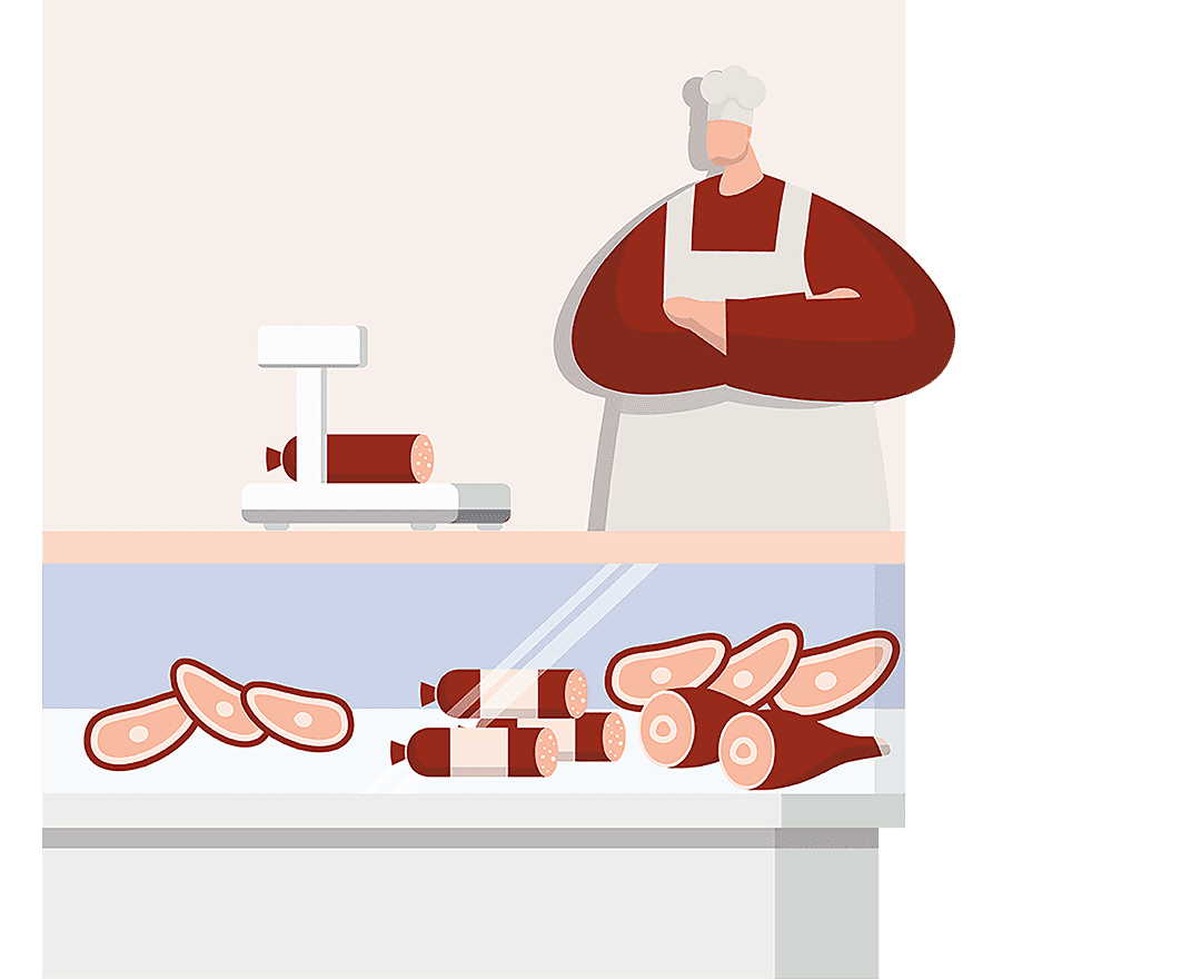 Illustration showing man stood at deli counter weighing salami, a selection of meats are on display on the deli counter.