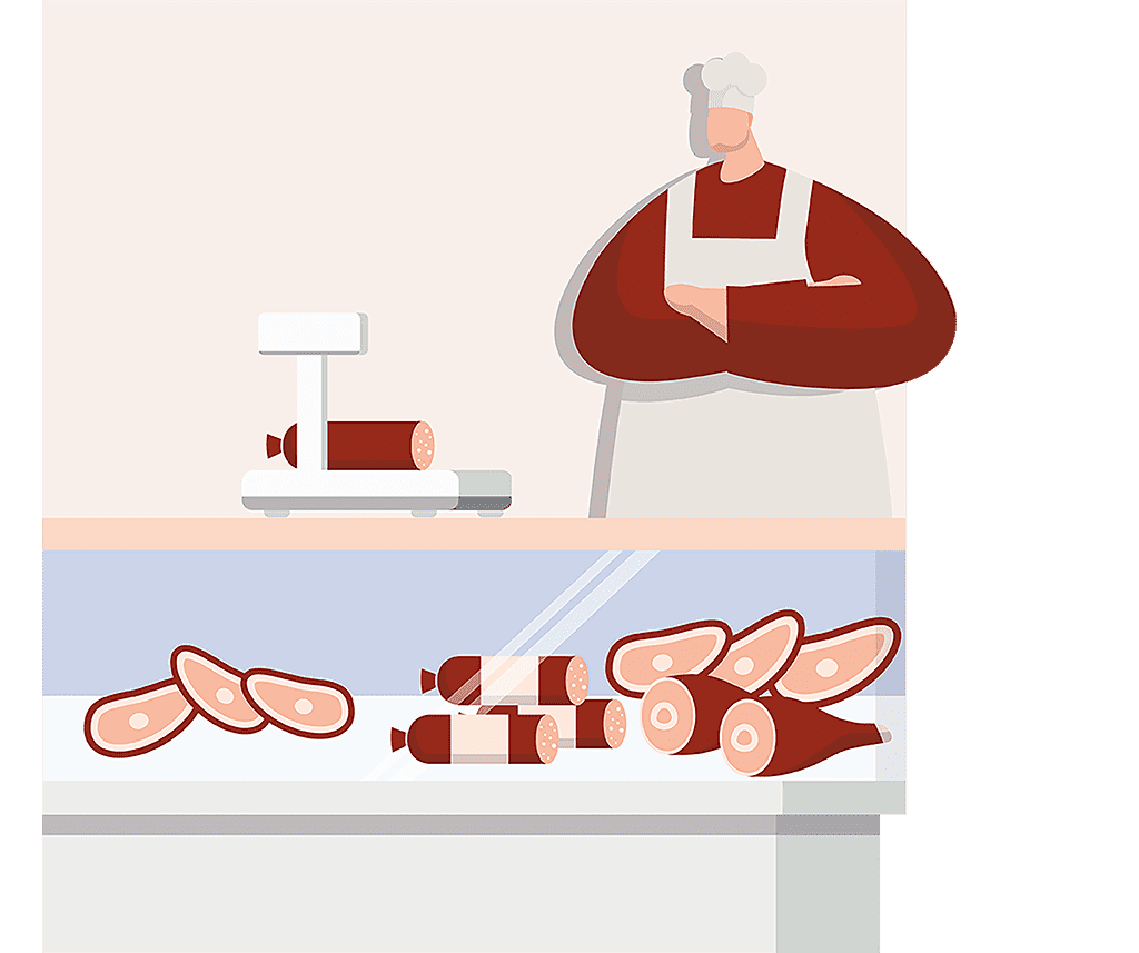 Illustration showing man stood at deli counter weighing salami, a selection of meats are on display on the deli counter.