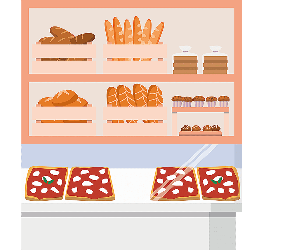 Illustration showing a counter at a bakery, a selection of breads and cakes are in the background and pizzas or on display at the counter.