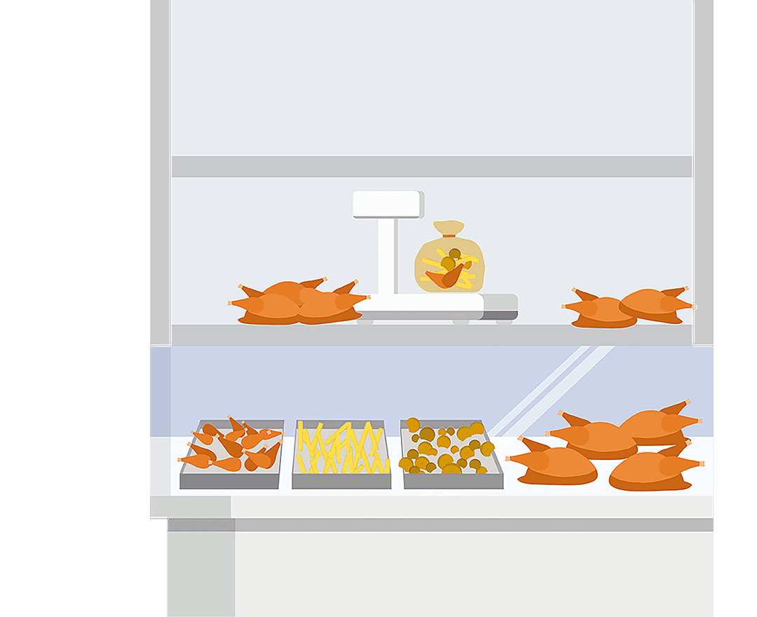 Illustration showing a deli counter containing chicken and fries.