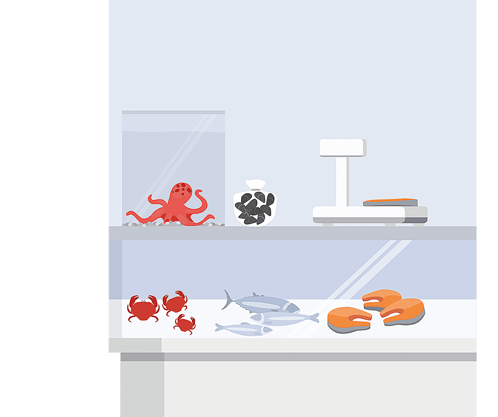 Illustration showing a supermarket fish counter, with various fish and seafood on display.