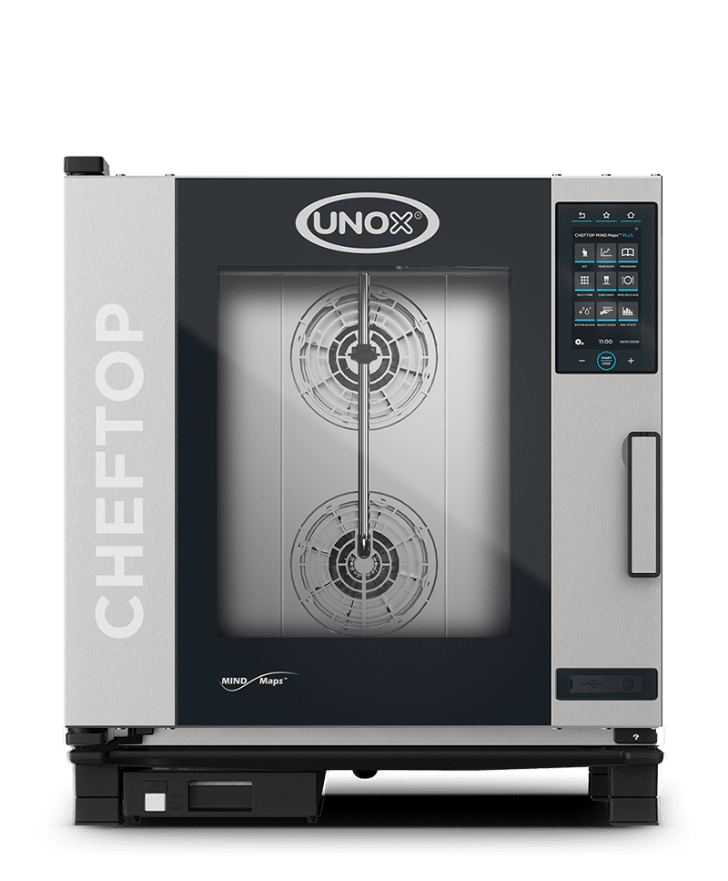 Unox Cheftop Mind.Maps combi oven, black and steel sleek design with touch control panel.