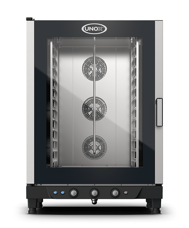 Horno de convección profesional Unox, con diseño en negro y acero.