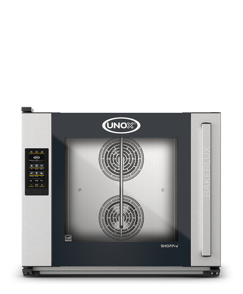 Unox de convección Bakerlux Shop.Pro de unox de diseño en negro y acero con panel de pantalla táctil.