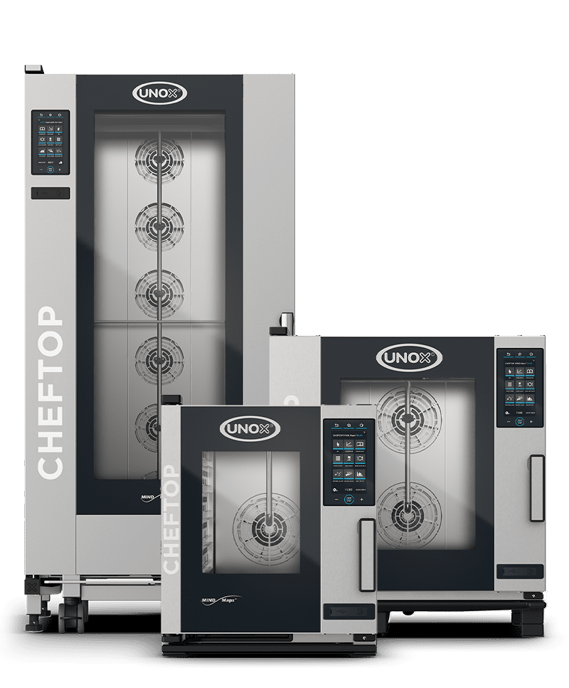 Trio of combi ovens next to each other, a tall chefop combi oven with two smaller cheftop mind.maps ovens in front.