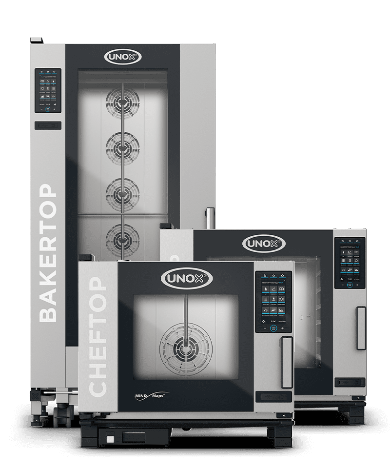 Trio of combi ovens next to each other, a tall chefop combi oven with two smaller cheftop mind.maps ovens in front.