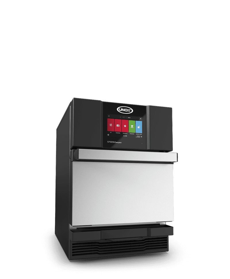 Horno rápido Unox, speed.compact, un pequeño horno negro y de acero con pantalla digital multicolor.
