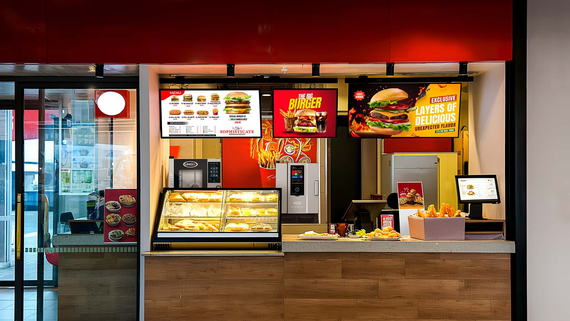 fast food restaurant counter with commercial unox speed-x and cheftop ovens