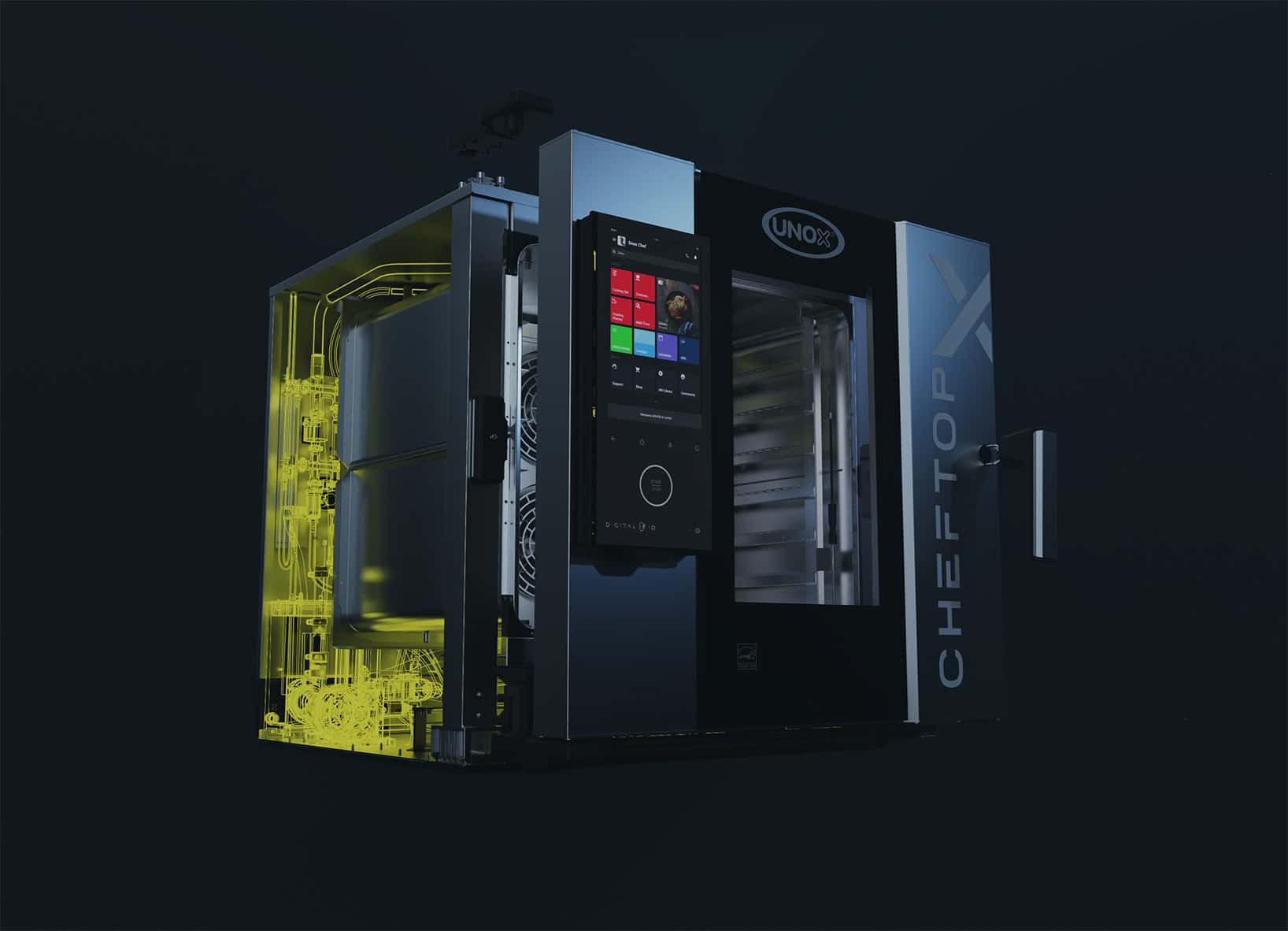 unox commercial oven with highlighted automatic washing system components