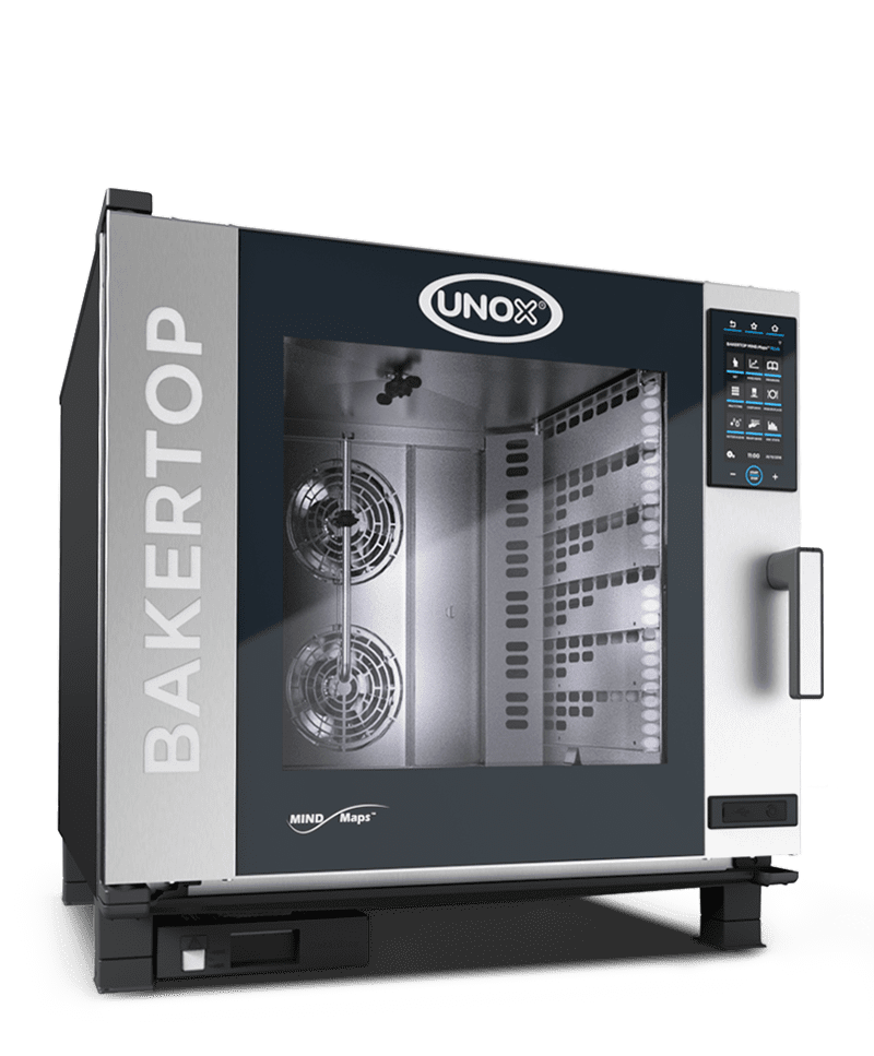 horno mixto bakertop mind.maps de Unox de panadería y pastelería con un diseño elegante y moderno, con interfaz de pantalla táctil intuitiva.