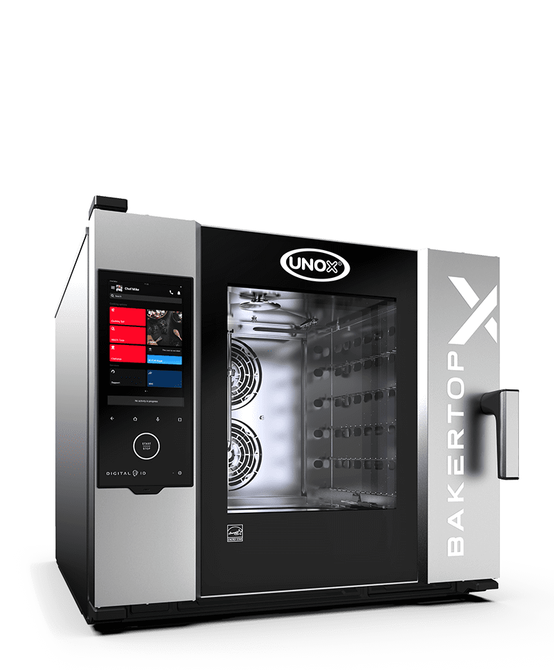 Horno mixto profesional Unox, Bakertop X, un horno negro y de acero con pantalla digital multicolor para pastelerías y panaderías.