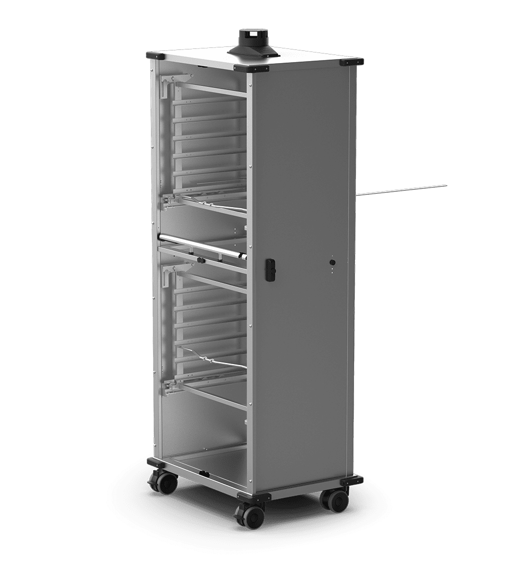 Unox Mobile cabinet without doors equipped with tray-holder baskets to allow 12 trays of food to be put into or taken out of the oven, as well as allowing their easy transportation. XWBYCN-12EU.