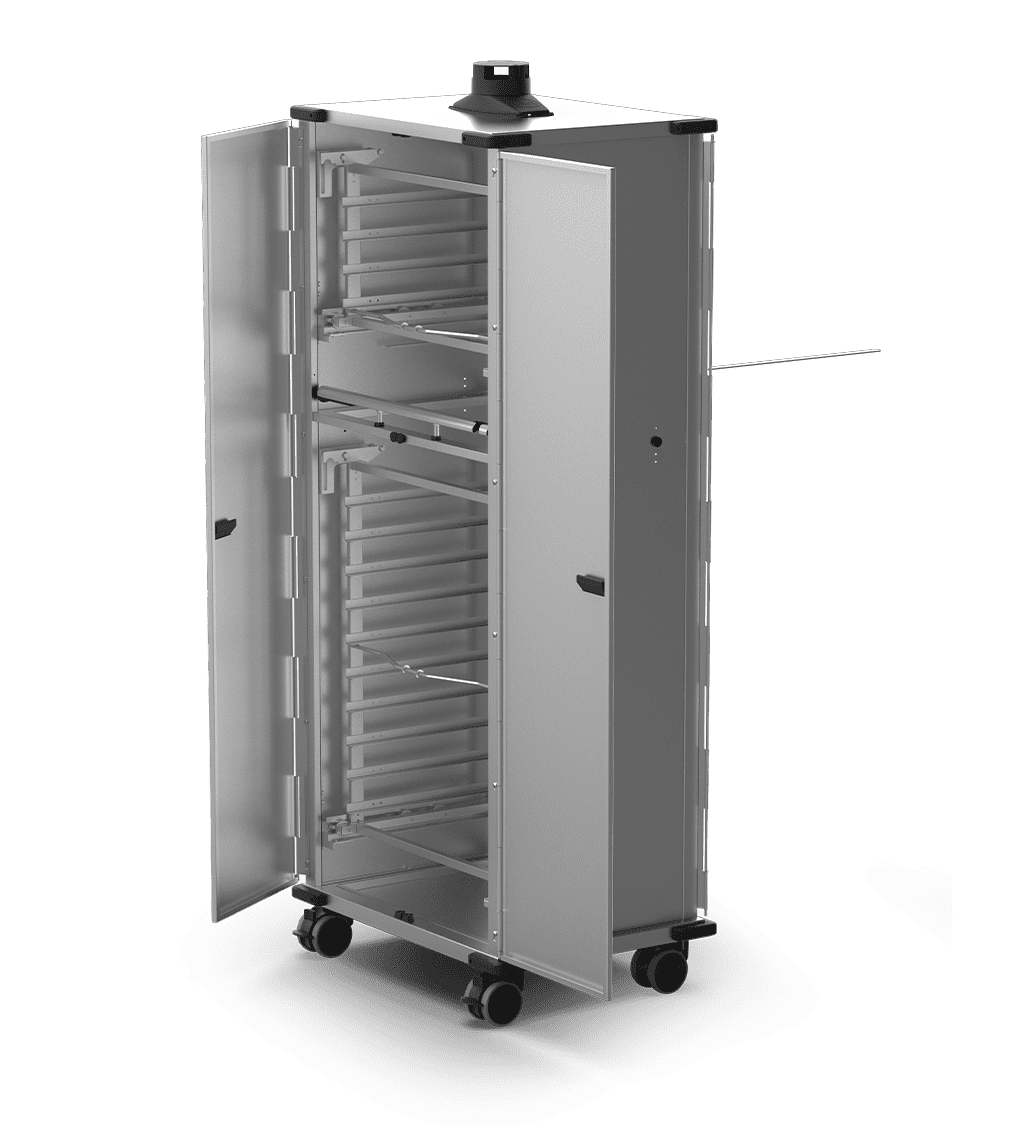 Unox Mobile cabinet equipped with doors and tray-holder baskets to allow 14 trays of food to be put into or taken out of the oven, as well as allowing food to be transported or left to rest. XWBYCN-14EU-D.