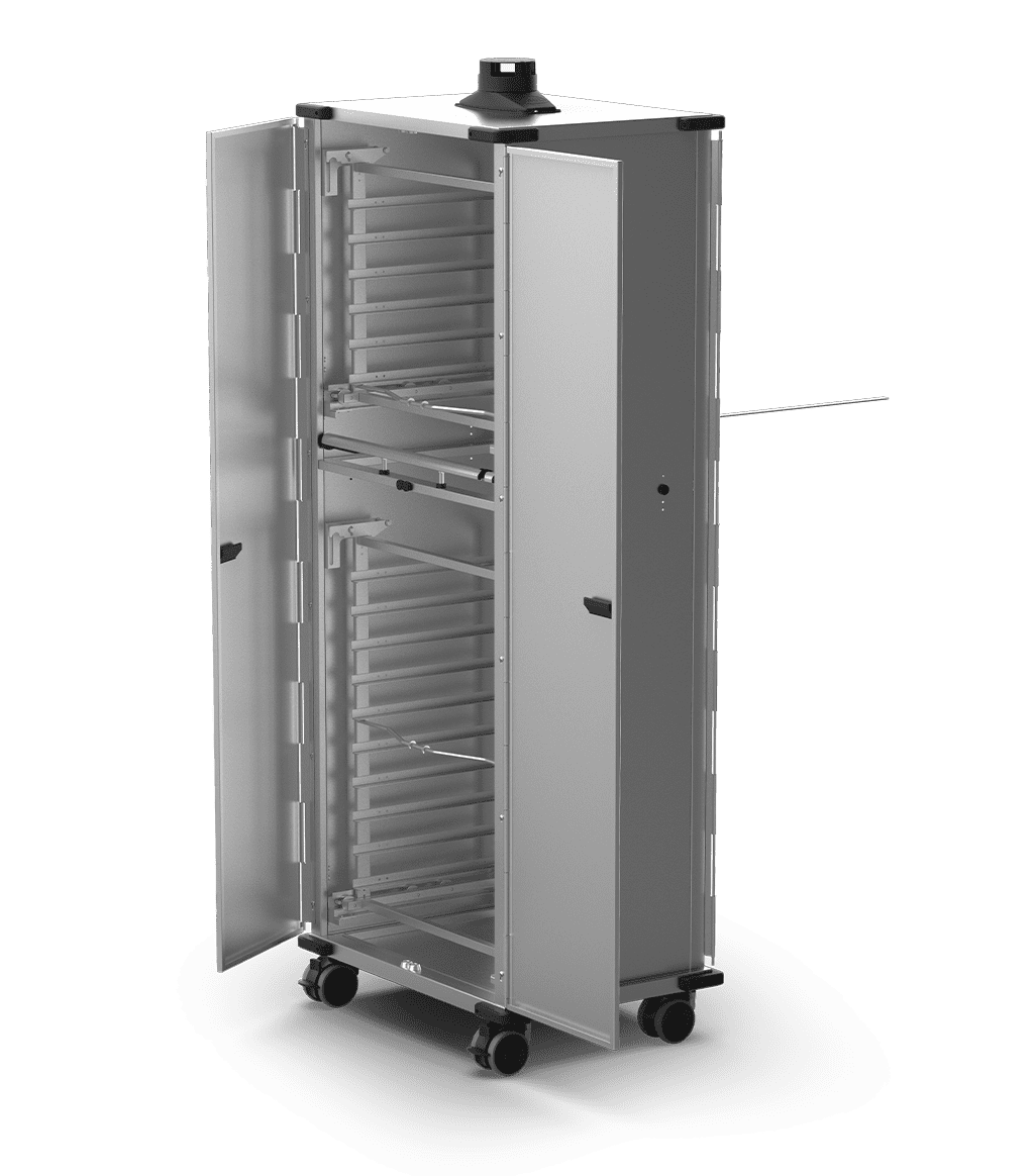 Unox Mobile cabinet equipped with doors and tray-holder baskets to allow 16 trays of food to be put into or taken out of the oven, as well as allowing food to be transported or left to rest. XWBYCN-16EU-D.