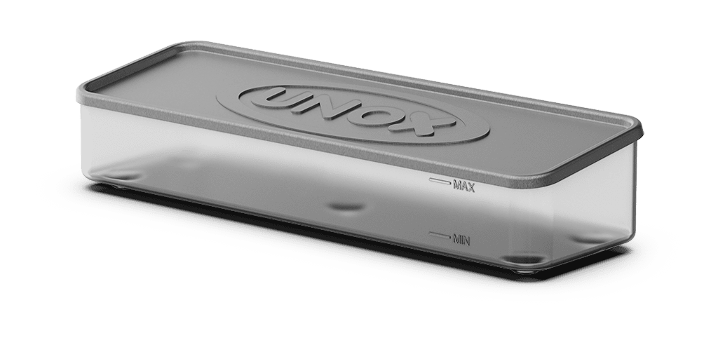 Unox Water tank for oven positioned on counter. XC655.