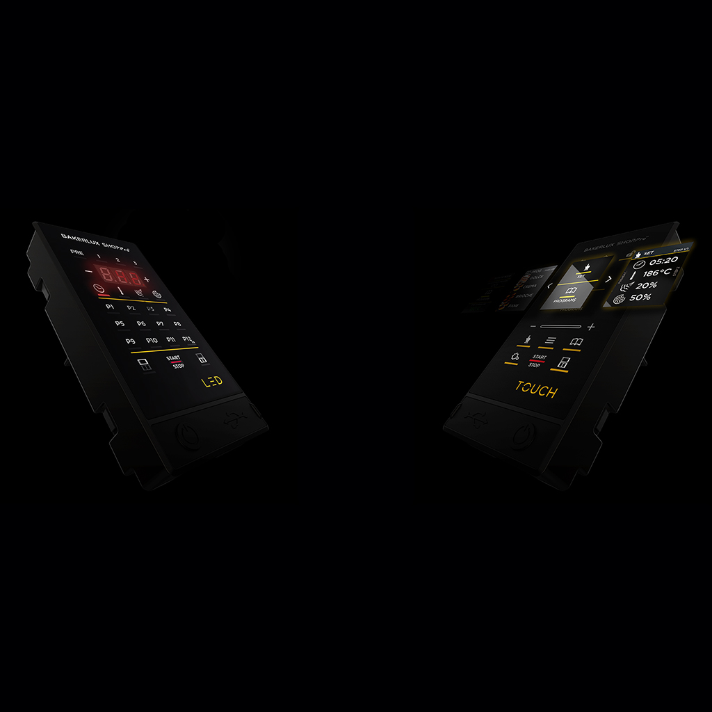 Dark background with two digital panels on display, an LED panel and a Touch panel.