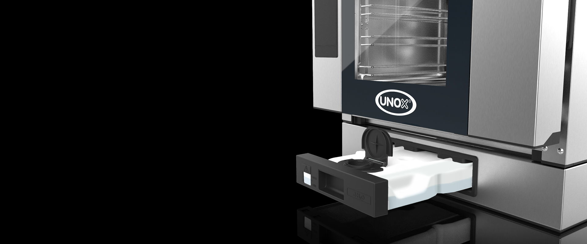 Image showing the cartridge slot on an unox oven, a cartridge half-way out of the slot.