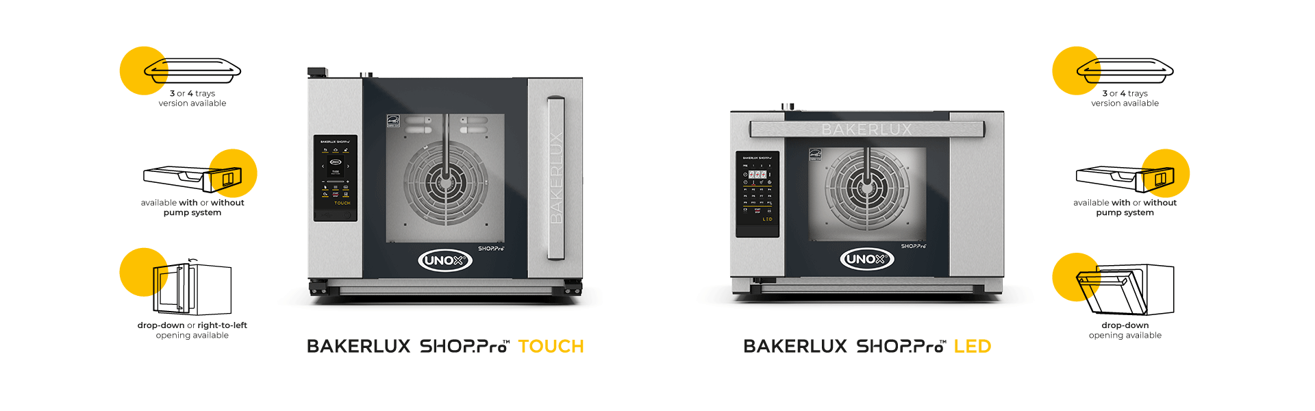 A graphic showing the different features of a Bakerlux Shop Pro Touch oven and a Bakerlux Shop Pro LED oven.