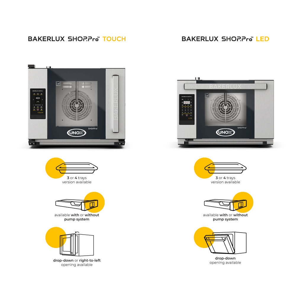 A graphic showing the different features of a Bakerlux Shop Pro Touch oven and a Bakerlux Shop Pro LED oven.